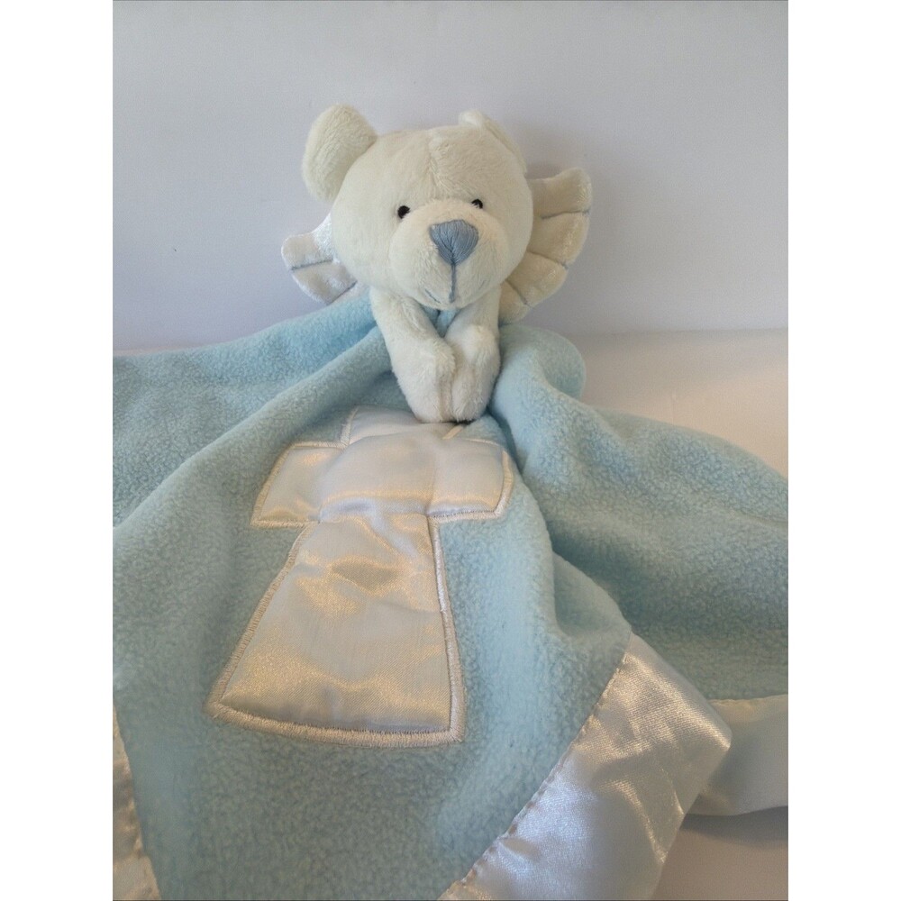 Baby Lovey Security Blanket Praying Angel Bear Satin Trim Cross Religion Blue